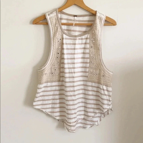 Free People Embroidered tan and white stripped Mirror Tank Top - Picture 2 of 8